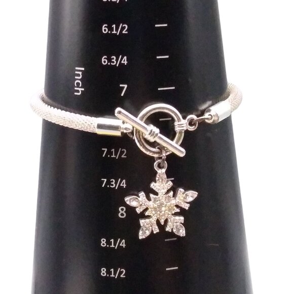 Silver Tone Mesh Bracelet, Snake Chain with Sparkling Crystal Snowflake Charm - Picture 5 of 5